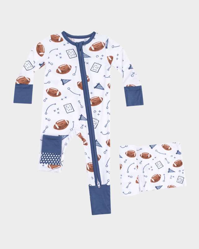 Boy's Touchdown Time 2-Way Zip Romper, Blanket & Bib Set, Size 0M-24